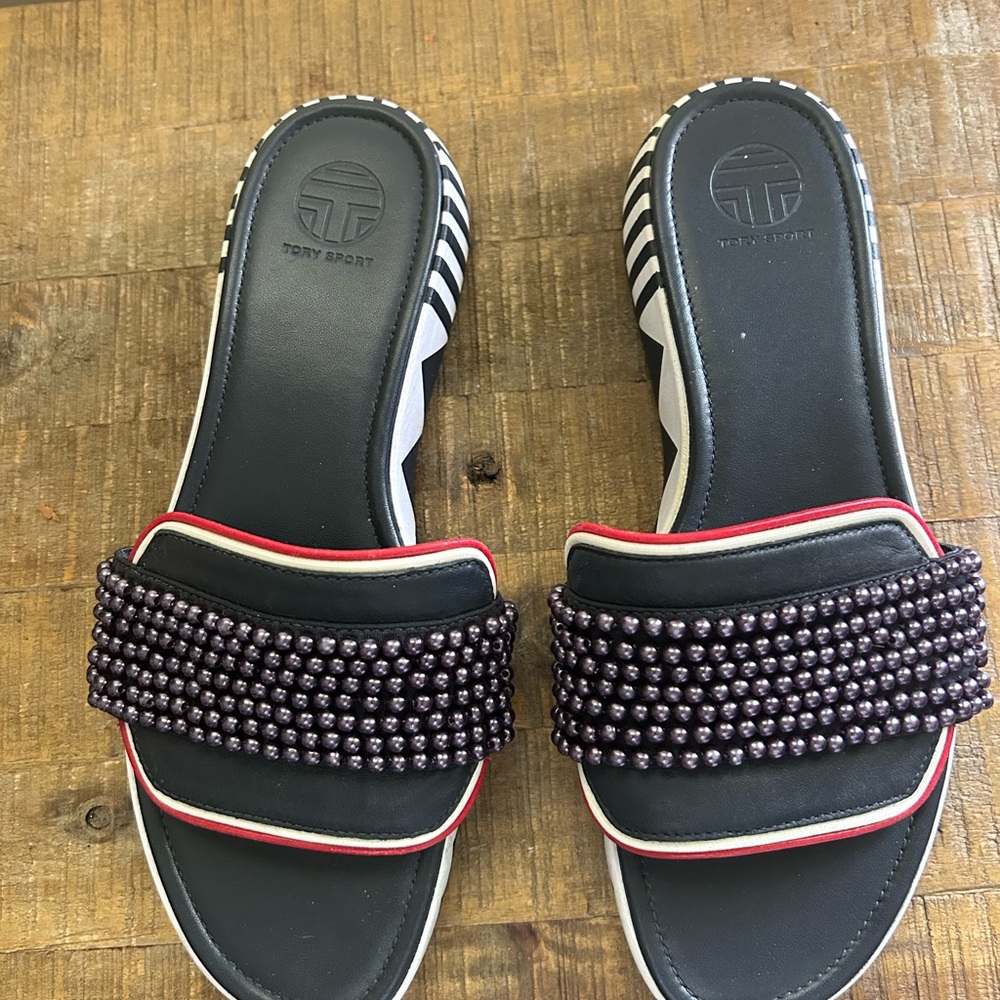 Tory Burch Navy and Red Beaded Sandals